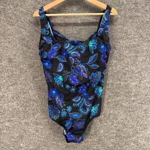 Longitude Swimsuit Women 16 Black Floral Sleeveless Wide Strap Lined Swimwear